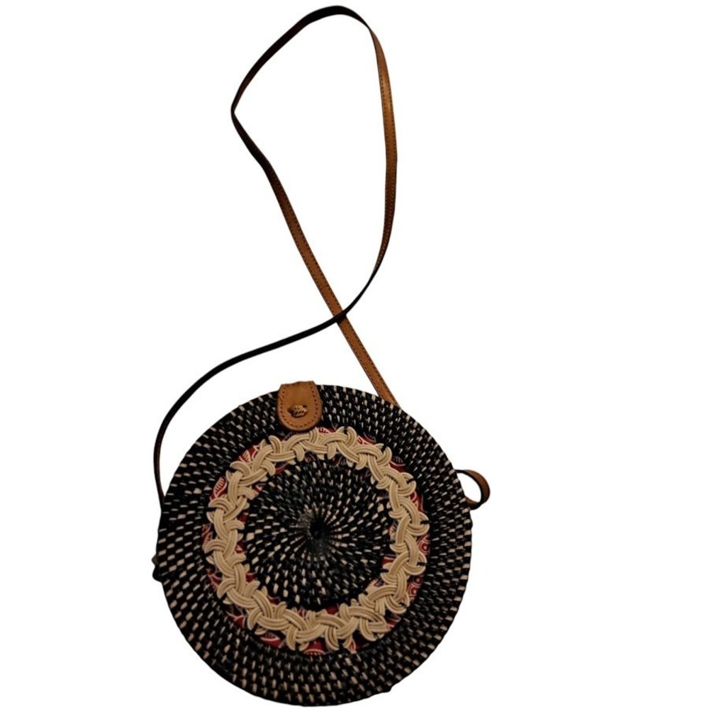 Handwoven Round Rattan Crossbody Bag Black Cream Woven Straw Batik Lining 8in - Picture 4 of 14